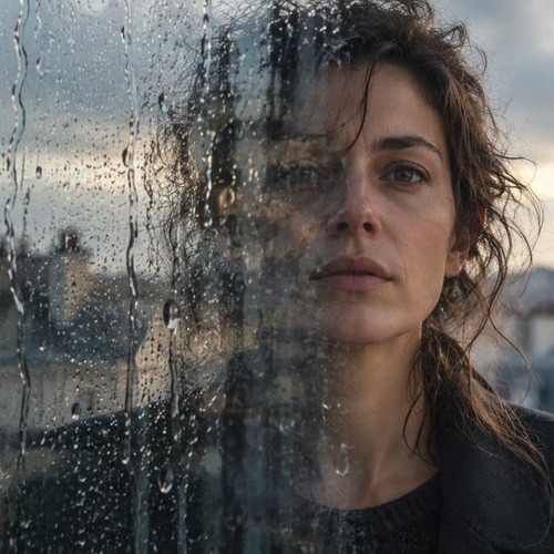Femme derrière une vitre couverte de pluie